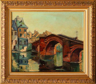 a painting of a bridge over a river with buildings in the background