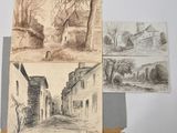 several drawings of buildings and a man standing in front of a building