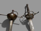 two swords that are standing next to each other