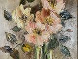 a painting of flowers in a vase on a table
