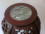 a wooden table with a marble top on a white background