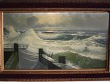 framed oil painting of waves crashing on a pier with a boat in the distance
