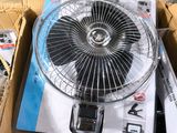 a fan sitting on top of a cardboard box next to other items