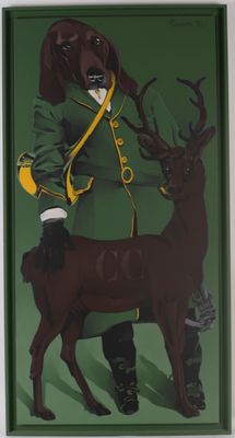 painting of a woman in a green coat with a deer in her hand