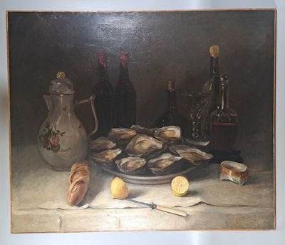 un tableau représentant des huîtres et des citrons posés sur une table