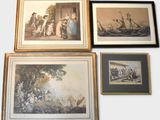 several framed pictures of people and boats on a wall