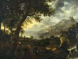 une image représentant un tableau représentant un paysage de montagne avec une cascade