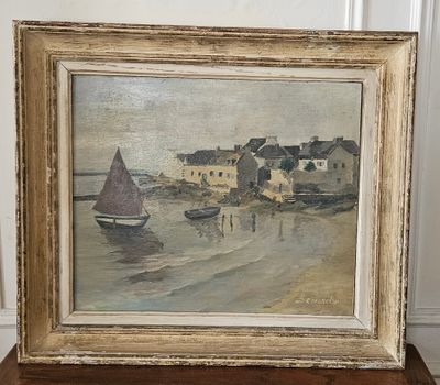 une peinture à l'huile représentant des bateaux sur l'eau devant une maison