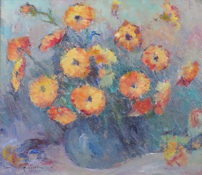 une peinture à l'huile représentant un vase rempli de fleurs jaunes posé sur une table