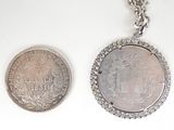 a silver coin and a silver coin sitting next to each other