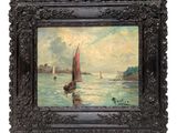 painting of a sailboat on the water with a cloudy sky in the background