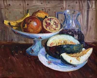 une peinture représentant une coupe de fruits sur une table