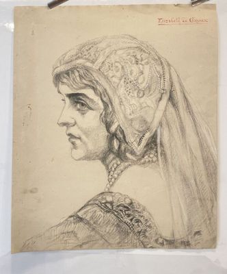 a drawing of a woman with a veil on her head