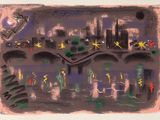 drawing of a drawing of a city with a plane flying over it