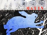 une peinture représentant un lapin bleu sur un fond noir et blanc