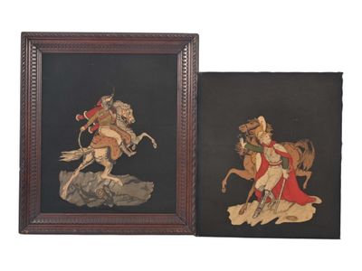 two framed pictures of a man on a horse and a woman on a horse
