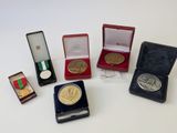 cinq médailles et une médaille dans un écrin posé sur une table
