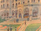 a painting of a building with people walking around it