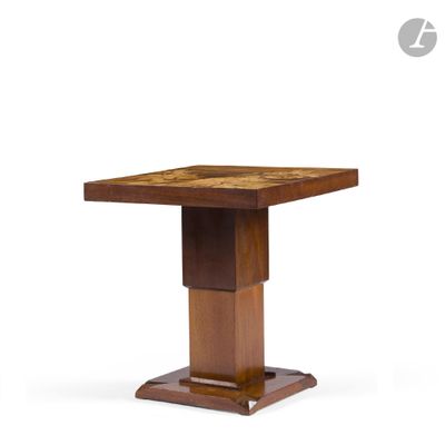 a wooden table with a square top on a white background