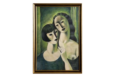 tableau représentant une femme et un enfant dans une pièce verte