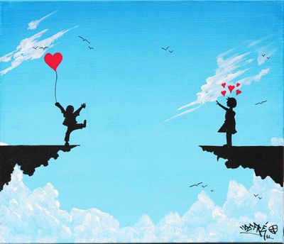 painting of two children flying a heart shaped balloon over a cliff