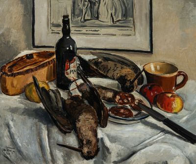 une peinture représentant une nature morte avec une bouteille de vin et une assiette de nourriture