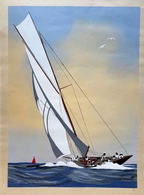 tableau représentant un voilier en mer, avec un oiseau volant au-dessus de lui