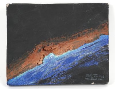 une peinture à l'huile représentant une vague bleue et marron sur fond noir