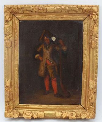 une peinture à l'huile représentant un homme vêtu d'un costume rouge et tenant une canne