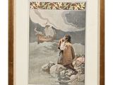 une image représentant un tableau où l'on voit un homme assis sur un rocher, avec un bateau en arrière-plan