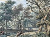 un tableau représentant des personnes à cheval dans une zone boisée