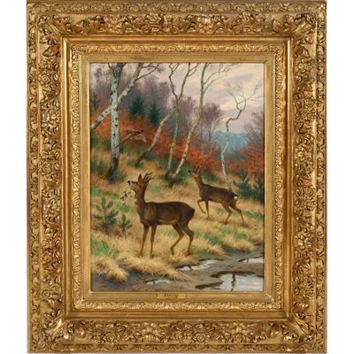 un tableau représentant deux cerfs dans un bosquet près d'un ruisseau