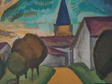 an image of a painting of a village with a church in the background