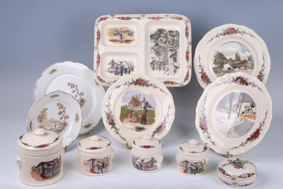 many different types of plates and bowls on the table