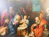 tableau représentant un groupe de personnes dans une pièce, avec un bébé dans une crèche