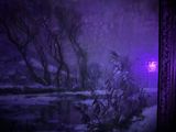 purple light in a dark room with a painting on the wall