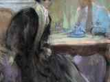 une image représentant un tableau où l'on voit une femme assise à une table devant un miroir