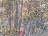 painting of a red house in a field with trees in the foreground