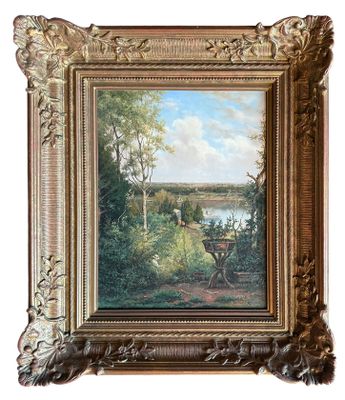 une peinture à l'huile représentant un paysage avec une rivière et un pont