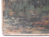 an oil painting of a forest scene with trees and a river