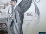 a drawing of a woman holding a bag in her hand