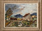 an image of a painting of a farm scene with a horse drawn carriage