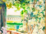 an oil painting of a view of a garden through a window