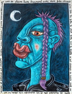 a drawing of a blue man with purple hair and a moon in the background