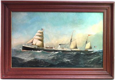 an oil painting of a ship in the ocean on a white background