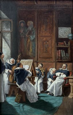 peinture d'un groupe de personnes assises autour d'une table dans une pièce