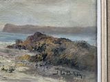 an oil painting of a beach scene with a lighthouse in the distance