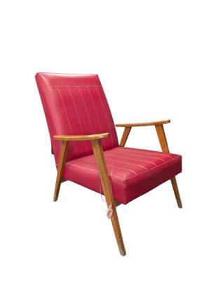 a red chair with a wooden frame on a white background