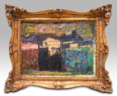 une peinture à l'huile représentant un paysage avec une maison en arrière-plan