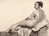 a drawing of a nude woman sitting on top of a box